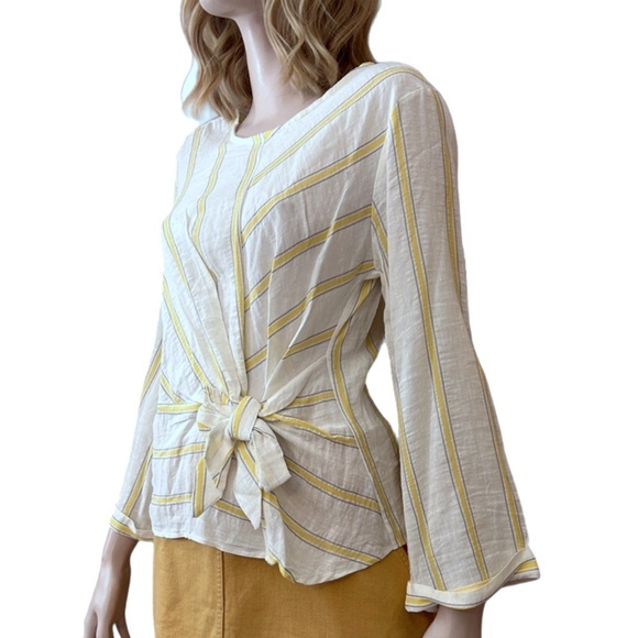 Lumina Made in Italy Linen Blouse Top Shirt Bow Tie Front Yellow Stripe NWOT - Picture 5 of 14